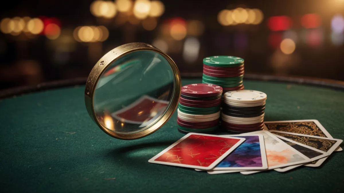 Magnifying glass over a casino table and chips – checking the terms