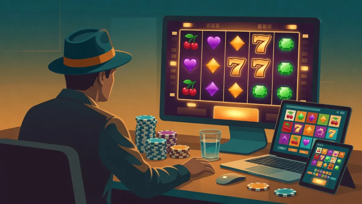 Illustrated man in a fedora playing a slot on a monitor, with poker chips, a laptop and a tablet on the desk